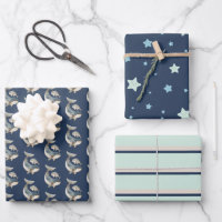 Watercolor Whale - Star - Stripe Pattern Navy Blue