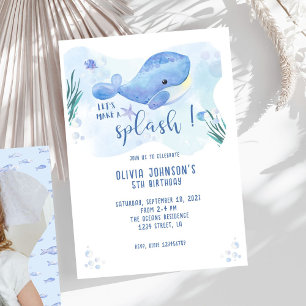 Watercolor Whale Tastic Blue Birthday Invitation