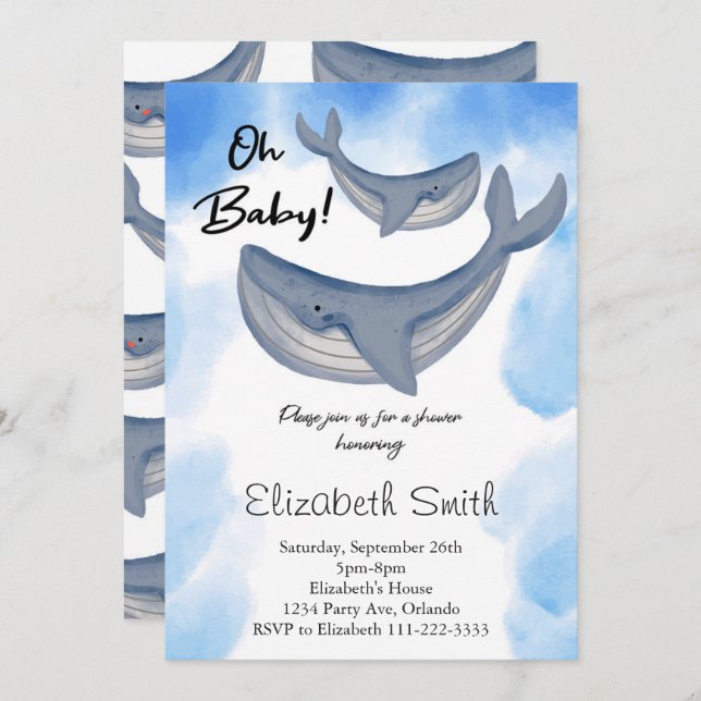 Watercolor Whale Under The Sea Baby Shower Invite (Front/Back)