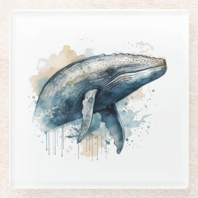 Watercolor Whale Wonder Glass Coaster (Front)