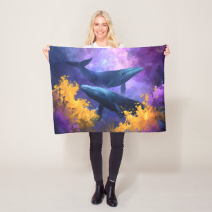 Watercolor Whales Abstract Ocean Garden Fleece Blanket