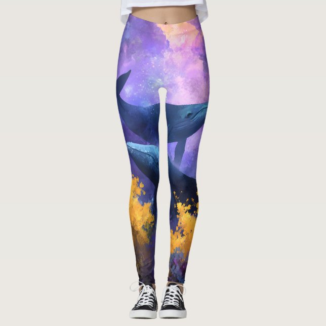 Watercolor Whales Abstract Ocean Garden Leggings (Front)
