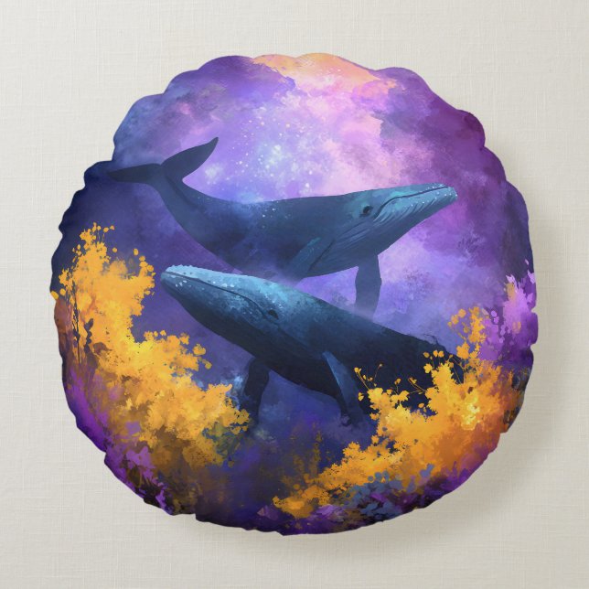 Watercolor Whales Abstract Ocean Garden Round Cushion (Front)