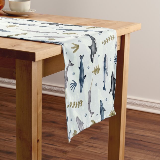 Watercolor whales  short table runner (In Situ)