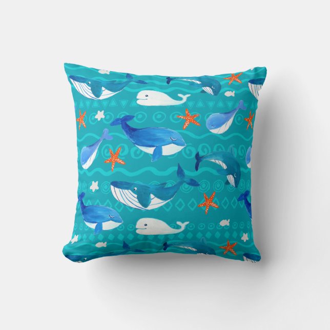 Watercolor Whales Throw Pillow (Front)