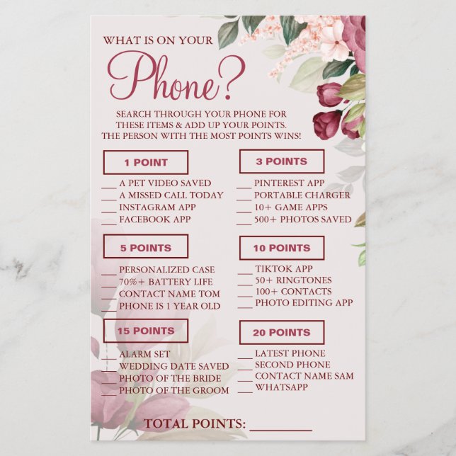 Watercolor  What is on your phone Shower game card (Front)