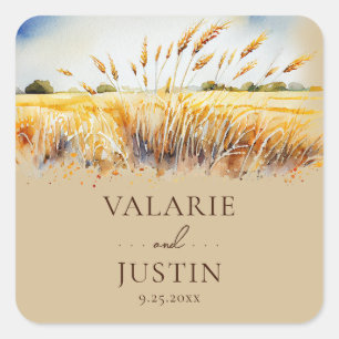 Watercolor Wheat field Wedding Square Sticker