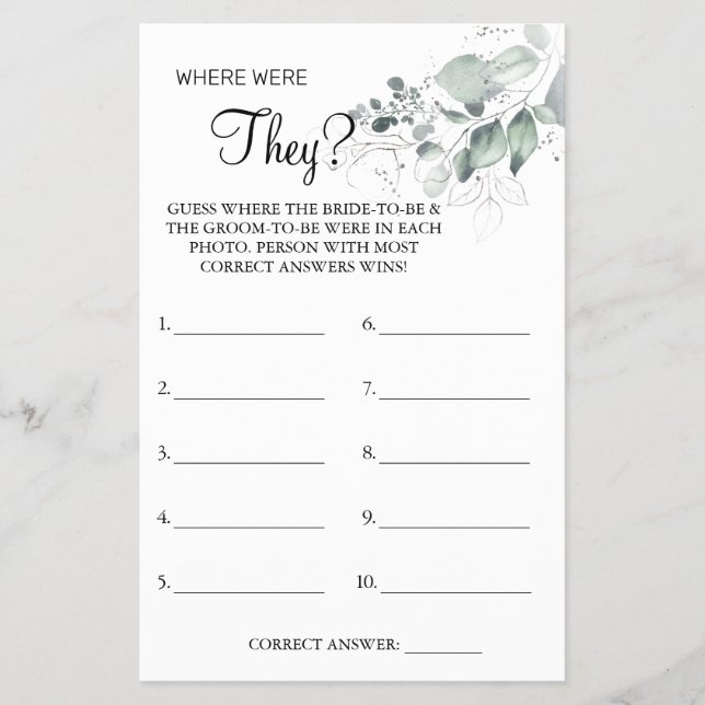 Watercolor Where were They Bridal shower game card (Front)