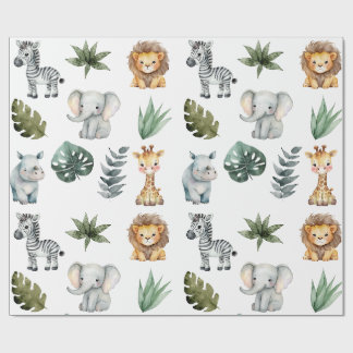Watercolor Whimsical Adorable Baby Safari Animals Wrapping Paper