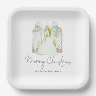 Watercolor Whimsical Angel Merry Christmas Script  Paper Plate