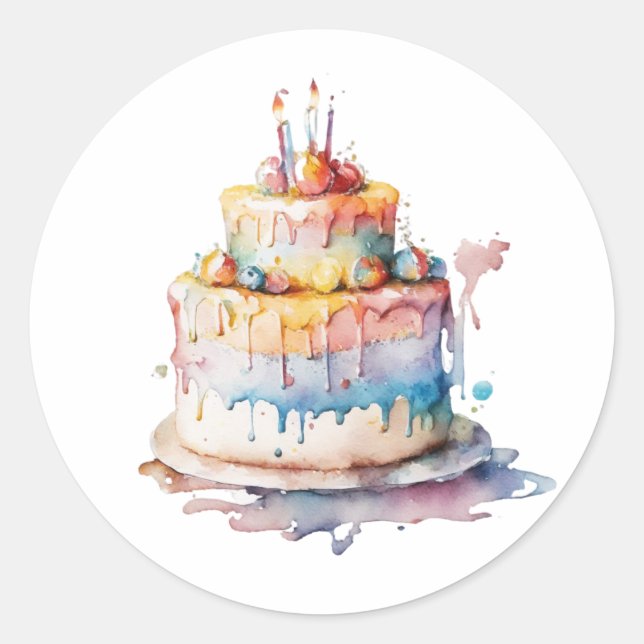 Watercolor Whimsical Birthday CAke Classic Round Sticker (Front)
