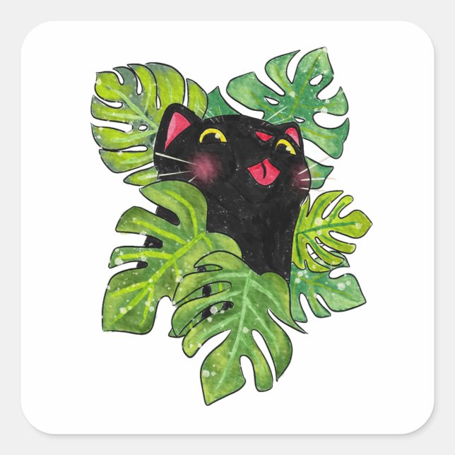 Watercolor Whimsical Black Cat And Monstera Leaves Square Sticker (Front)