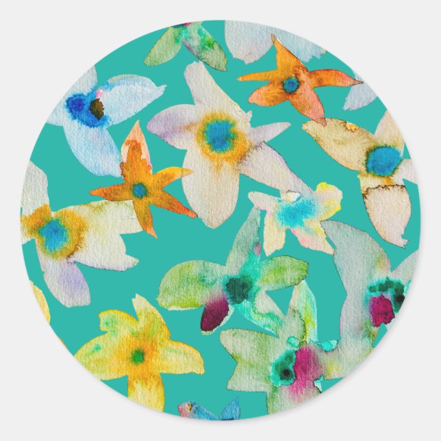 Watercolor whimsical blue flowers classic round sticker (Front)