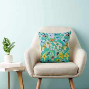 Watercolor whimsical blue flowers cushion