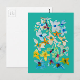 Watercolor whimsical blue flowers postcard