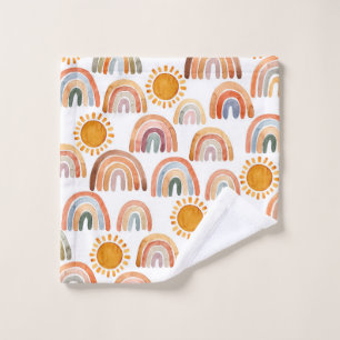 Watercolor Whimsical Boho Rainbow and Sun Kids Wash Cloth