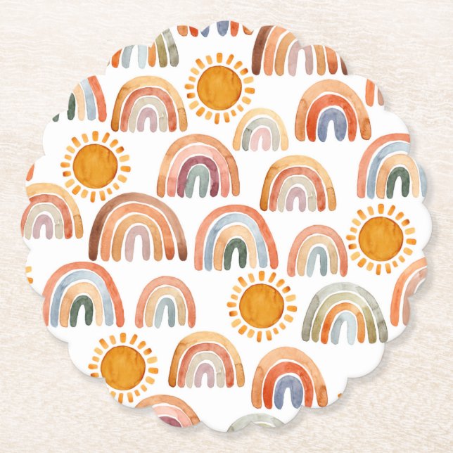 Watercolor Whimsical Boho Rainbow and Sun  Paper Coaster (Front)