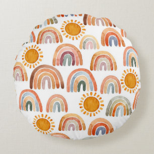 Watercolor Whimsical Boho Rainbow and Sun  Round Cushion