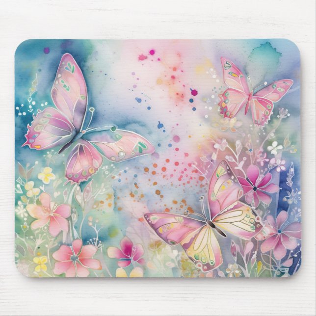 Watercolor Whimsical Butterflies and Flowers Mouse Pad (Front)
