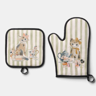 Watercolor Whimsical Cat Oven Mitt & Pot Holder Set