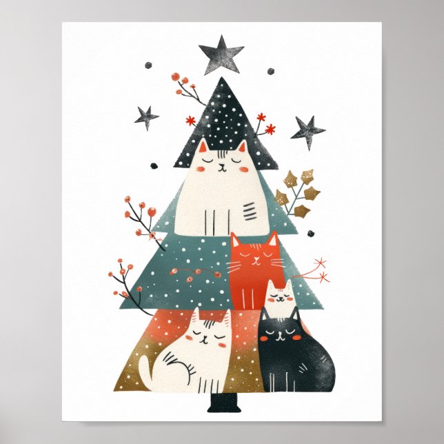 Watercolor Whimsical Cats Christmas Tree  Poster (Front)
