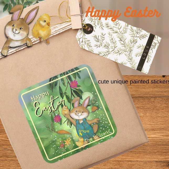 Watercolor whimsical Easter Bunny Square Sticker (Watercolor whimsical Easter Bunny Square Sticker)