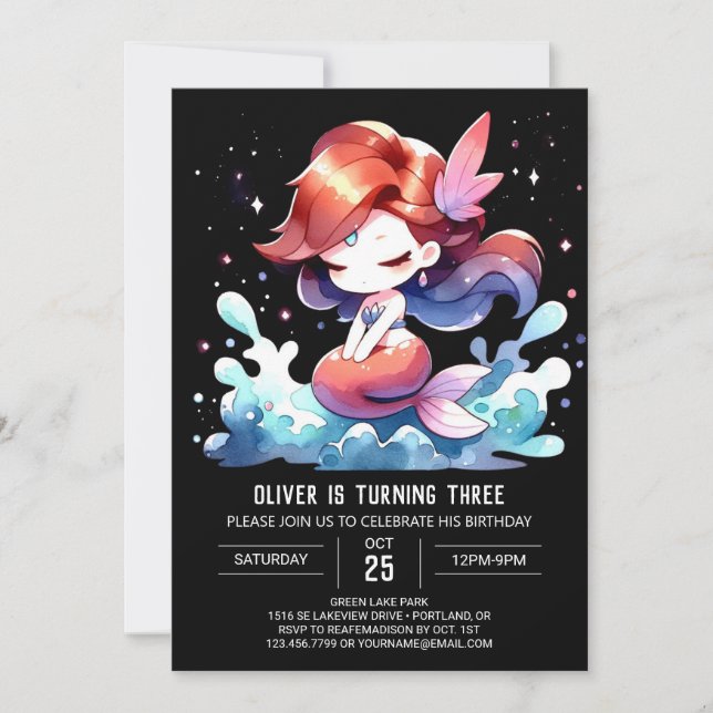 Watercolor Whimsical Mermaid Birthday Invitation (Front)