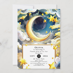 Watercolor Whimsical Moon Birthday Invitation