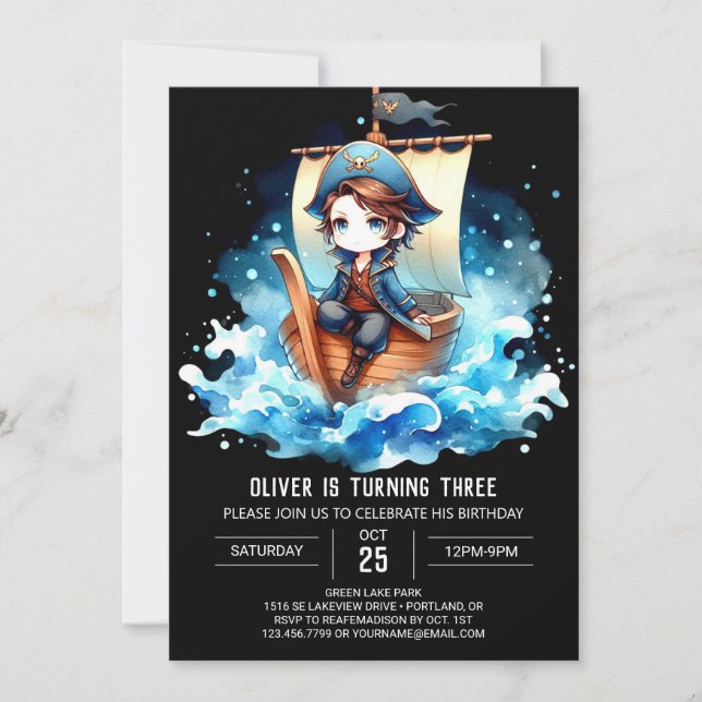 Watercolor Whimsical Pirate Birthday Invitation (Front)