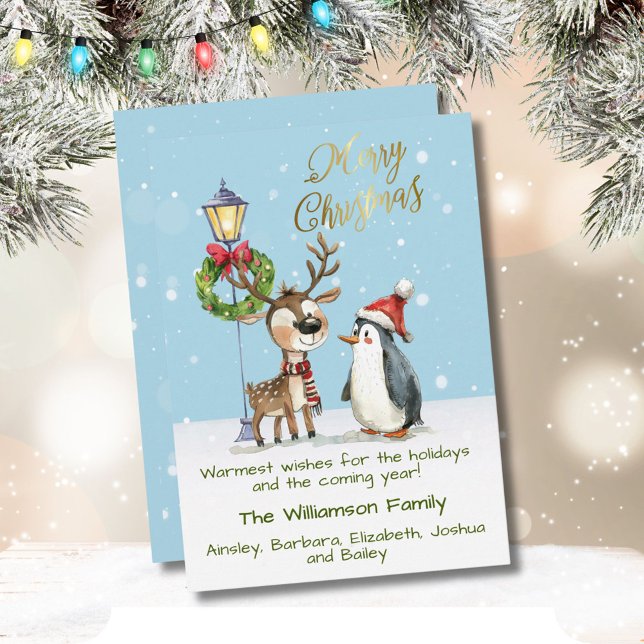 Watercolor Whimsical Reindeer Penguin Christmas Holiday Card (Creator Uploaded)
