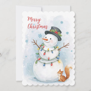 Watercolor Whimsical Snowflakes Snowman Christmas Holiday Card