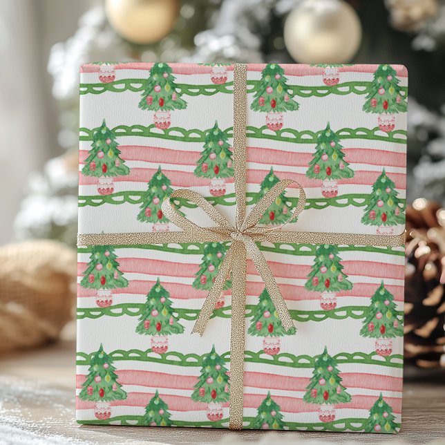 Watercolor Whimsical Striped Christmas Trees Wrapping Paper (Creator Uploaded)