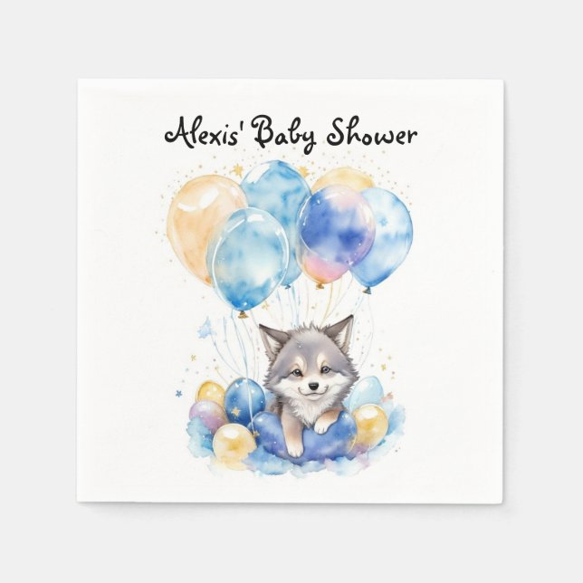 Watercolor Whimsical Wolf Cub Baby Shower Napkin (Front)