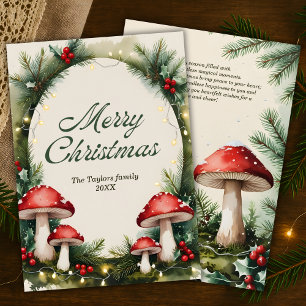 Watercolor Whimsical Woodland Mushroom Christmas Holiday Card