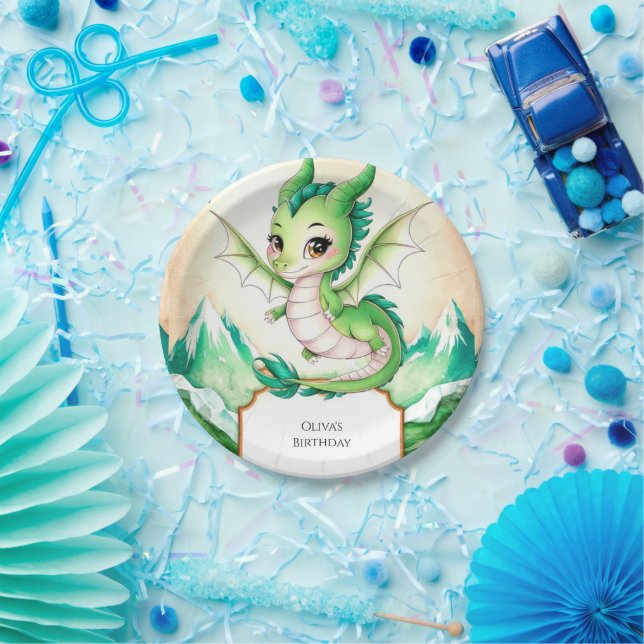 Watercolor Whimsy Dragon Birthday Paper Plate (Party)