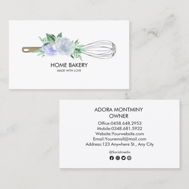 Watercolor Whisk and Flowers Baking  Business Card (Front/Back)