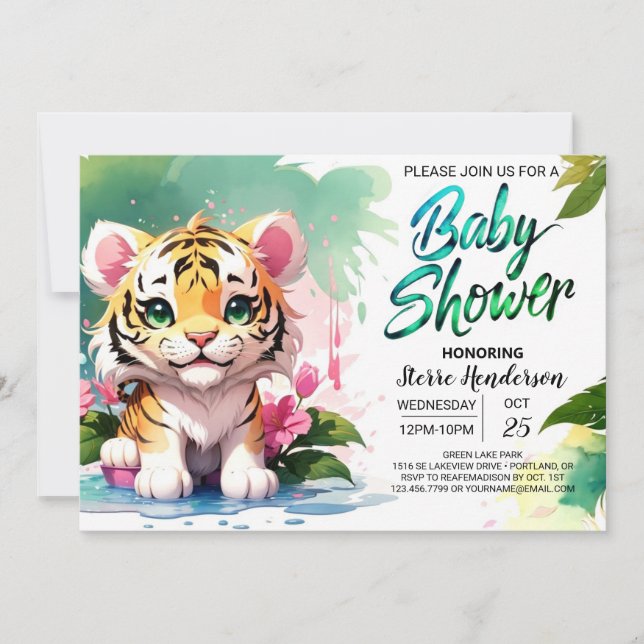 Watercolor Whiskers Tiger Baby Shower Invitation (Front)