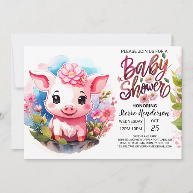 Watercolor Whispers Farm Pig Baby Shower Invitation (Front)