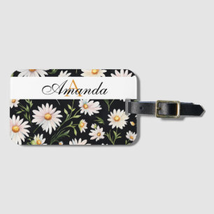 Watercolor White and Black Daisy Pattern Monogram Luggage Tag
