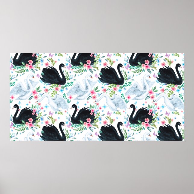 Watercolor white and black swan lake seamless patt poster (Front)