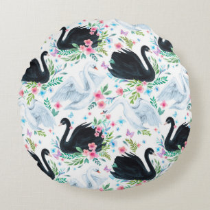 Watercolor white and black swan lake seamless patt round cushion