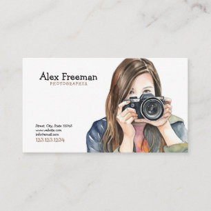 Watercolor White and Brown Female Photographer Business Card
