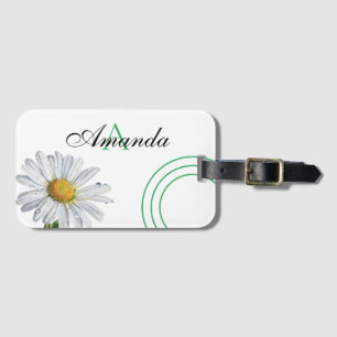 Watercolor White and Green Daisy Chic Monogramed Luggage Tag