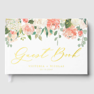 Watercolor White and Peach Flowers Photo Wedding Guest Book