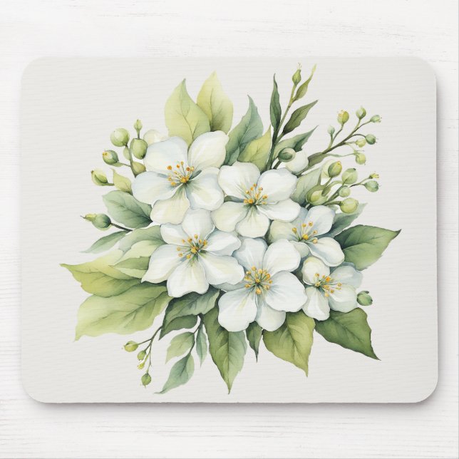 Watercolor White Apple Blossom Bouquet Mouse Pad (Front)
