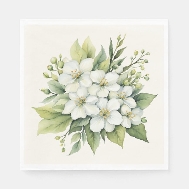 Watercolor White Apple Blossom Bouquet Napkin (Front)