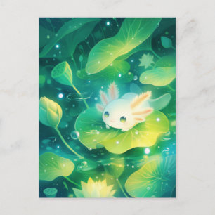 Watercolor White Axolotl in Green Lily Pad Pond Postcard