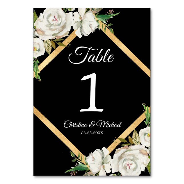 Watercolor White Black Gold Floral Wedding Table Number (Front)