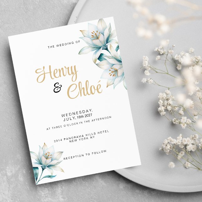 Watercolor white blue gold lily floral Wedding Invitation (Watercolor white blue gold lily floral Wedding )