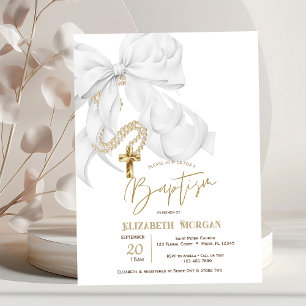 Watercolor White Bow Pearls Cross Dots Baptism Invitation